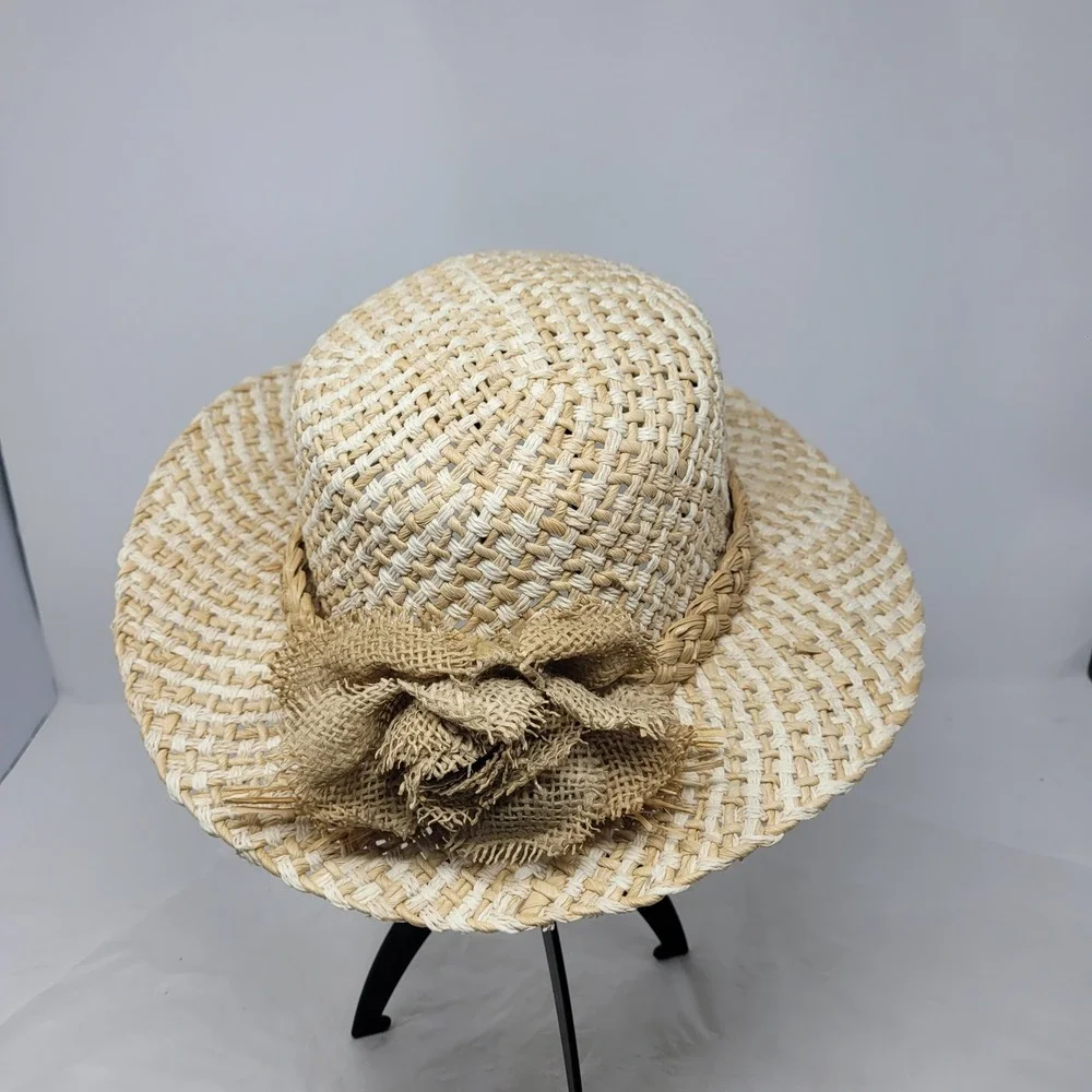 Vtg Cottage Core Straw Weaved Sun Hat Cream Beige Checked‎ Burlap Flower Braided